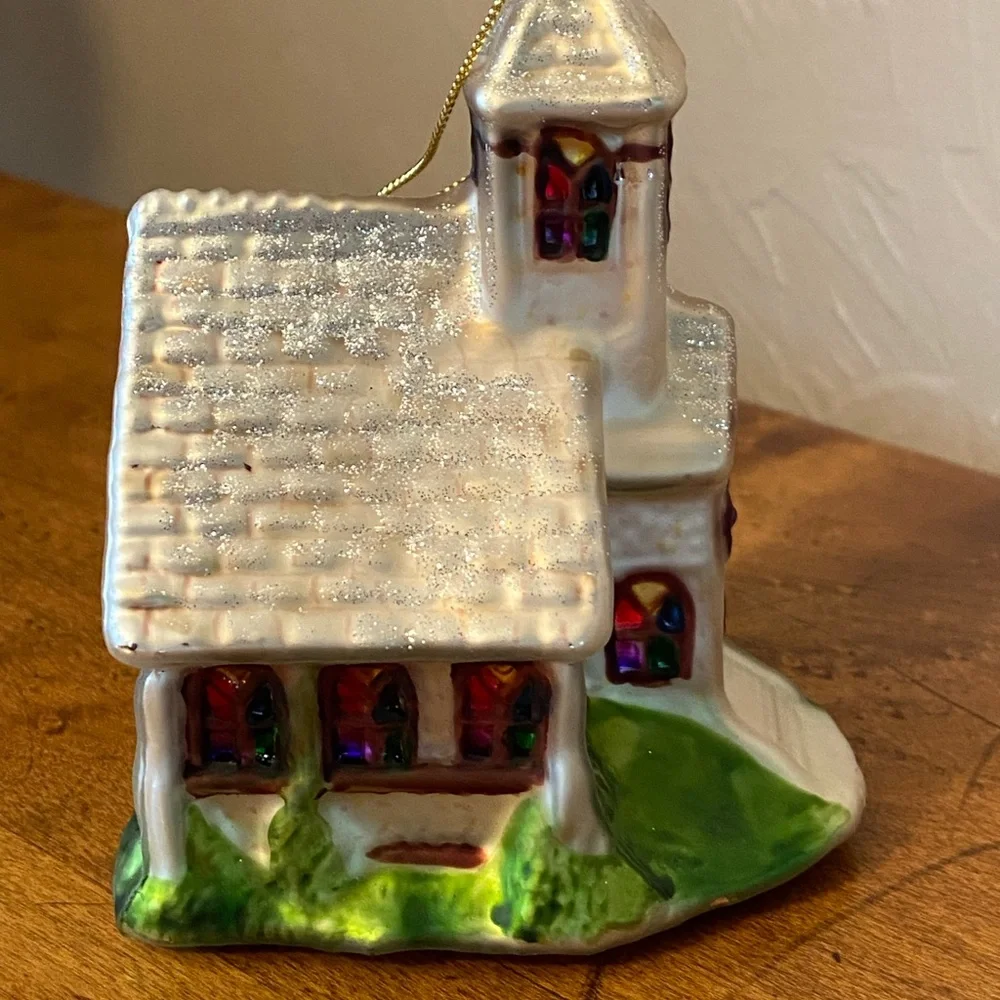 Christmas Tree Glass Ornaments Wise Man on Camel and Country Church Lot of 2